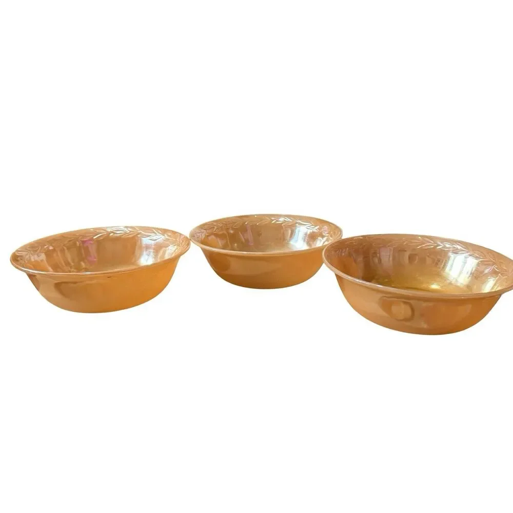 Set Of 3 Vtg Fire-King Peach Lustre Laurel Leaf‎ 8” Serving Bowls Anchor Hocking